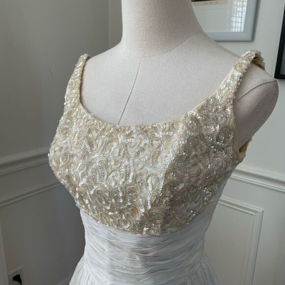 Vintage 50s Emma Domb San Francisco Midi Tea Length Formal Dress Gown Ivory Sequ - Picture 6 of 13